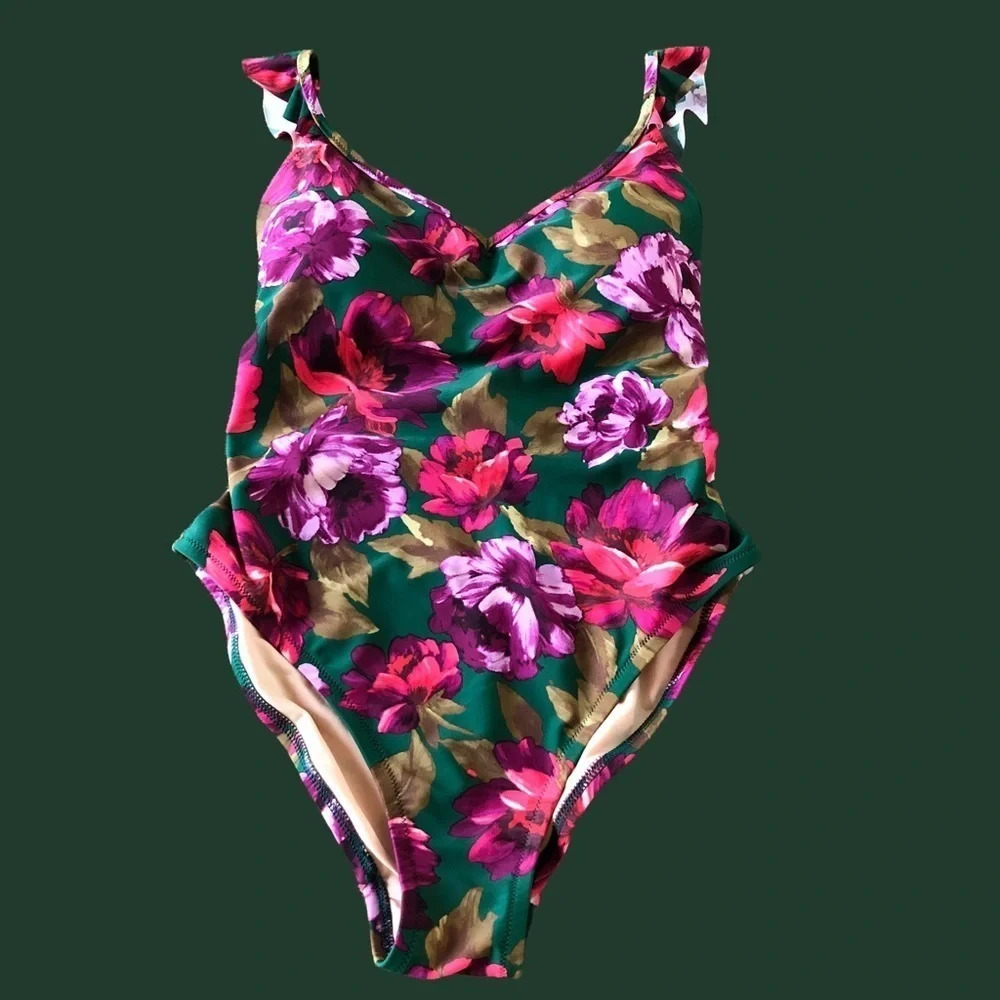 J Crew Womens XS Ruffle Trimâ One Piece Swimsuit Darn Green Floral Pink Lined - Picture 2 of 6